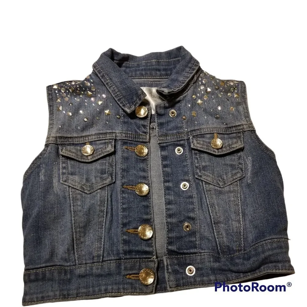 Justice Studded Denim Jean Kids Girls Vest Sleeveless Rhinestones Size 6/7